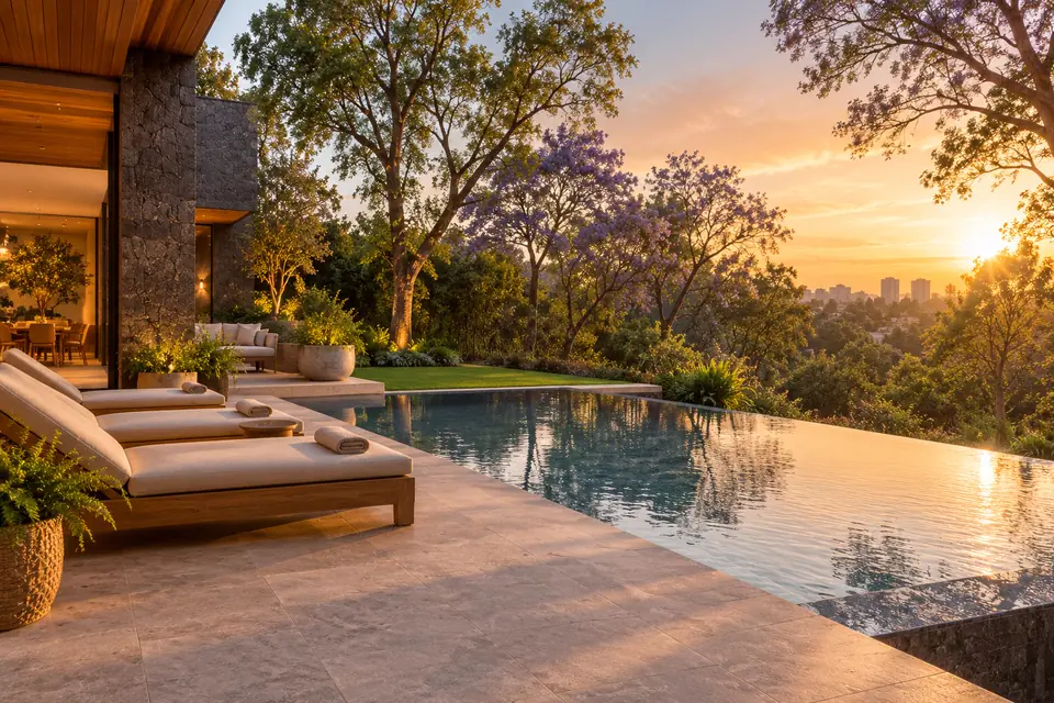 Terraza trasera con alberca de borde infinito y jardín con jacarandas al atardecer