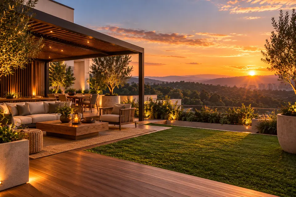 Roof garden con deck de madera, pérgola y vista al bosque al atardecer