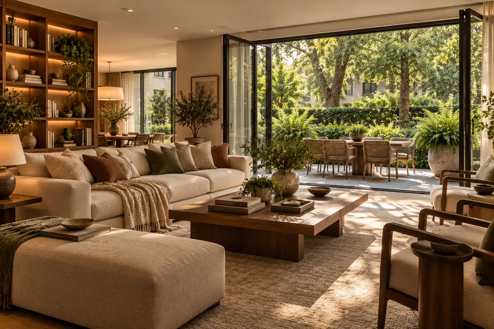 Sala amueblada abierta a la terraza privada con helechos y el jardín del edificio