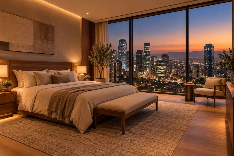Recámara principal del penthouse con ventanal hacia las torres iluminadas de Santa Fe